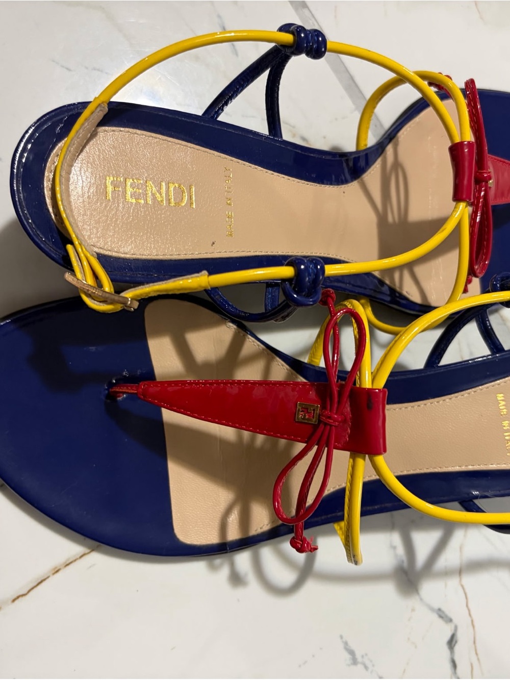Fendi Navy, Red & Yellow Patent Leather Strappy Sandals